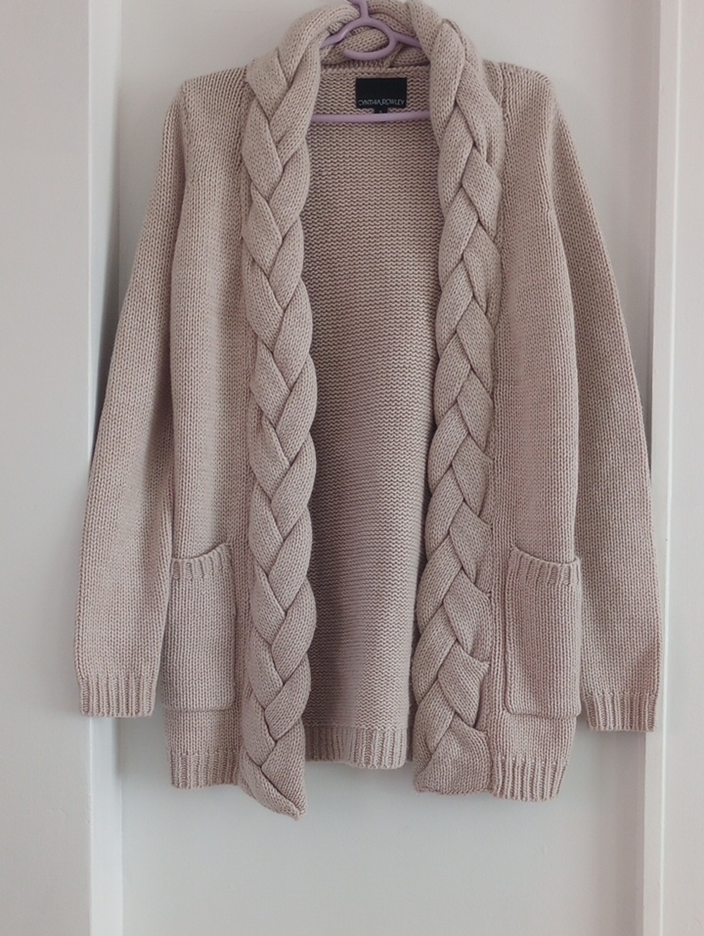 Cynthia Rowley Wool Blend Beige Cable Knit Braided-Trim Open Cardigan Size S